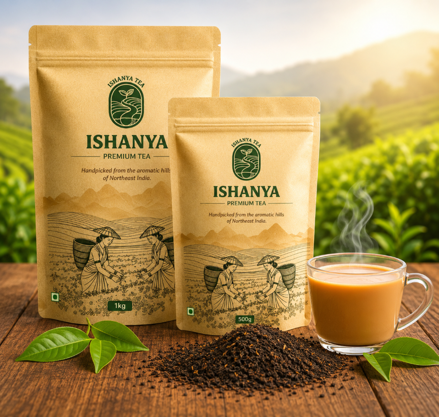 Ishanya Tea premium packaging and a cup of Assam tea